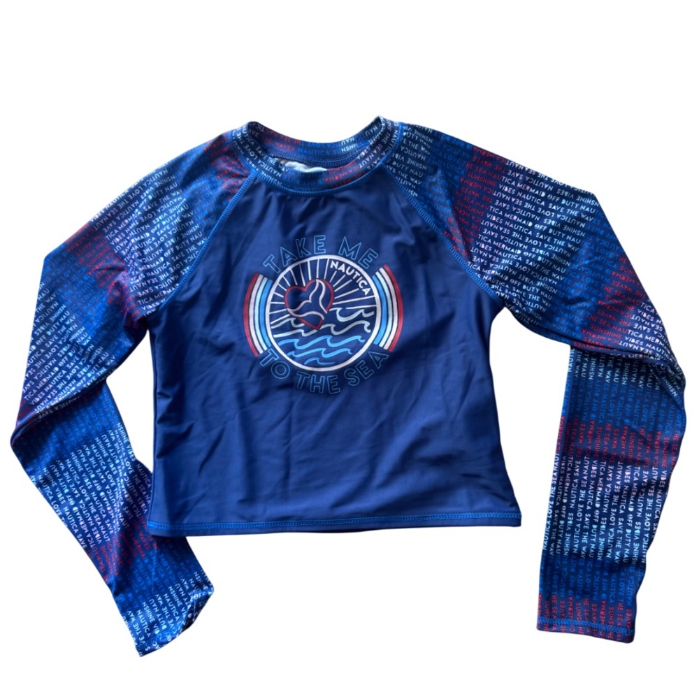 Nautica Girls' Blue Long-Sleeve Rashguard with Red & White Accent Graphic